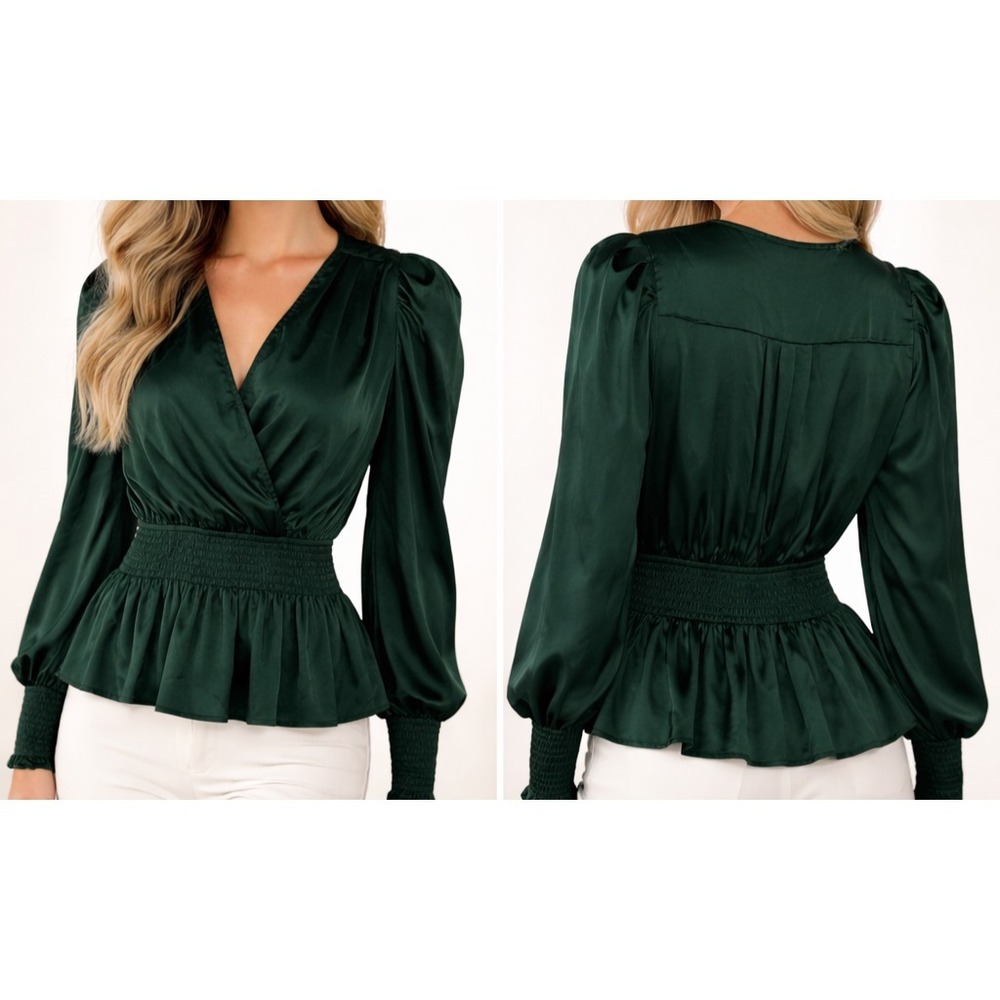 Glam Emerald Green Satin Smocked Peplum Blouse Evening Ready Luxe Size Medium